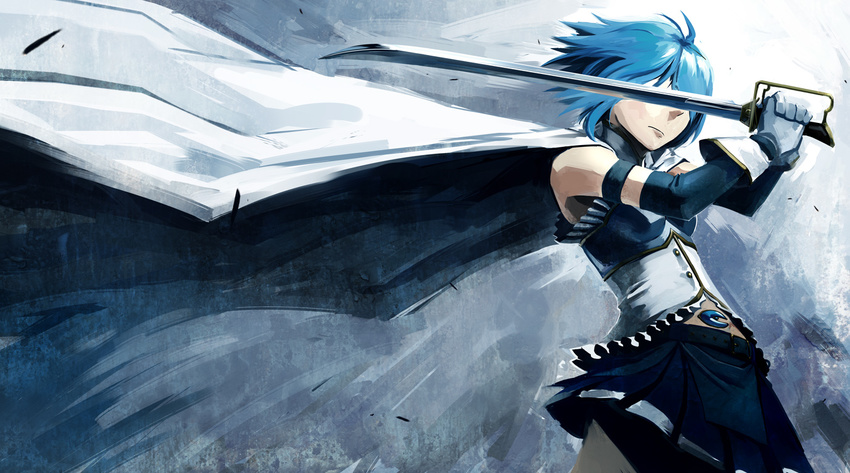 armband bad_deviantart_id bad_id blue blue_background blue_hair cape elbow_gloves gloves magical_girl mahou_shoujo_madoka_magica miki_sayaka noirrac short_hair skirt solo soul_gem sword weapon