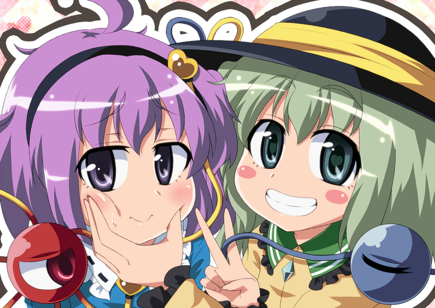 blush_stickers cheek_squash close-up closed_mouth eyeball face forced_smile green_eyes green_hair grin hairband hat heart heart-shaped_pupils komeiji_koishi komeiji_satori masara multiple_girls purple_eyes purple_hair siblings sisters smile symbol-shaped_pupils third_eye touhou v