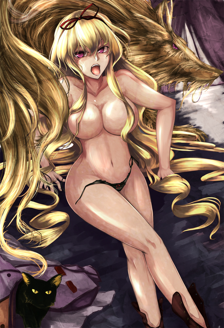 @_@ black_panties blonde_hair breasts cat censored chen chen_(cat) cleavage collarbone convenient_censoring crossed_legs dacho fox hair_censor hair_over_breasts highres hips large_breasts legs lingerie long_hair long_legs looking_at_viewer navel nude open_mouth panties pink_eyes saliva side-tie_panties sitting solo tabard thighs tongue tongue_out topless touhou underwear underwear_only very_long_hair wide_hips yakumo_ran yakumo_ran_(fox) yakumo_yukari