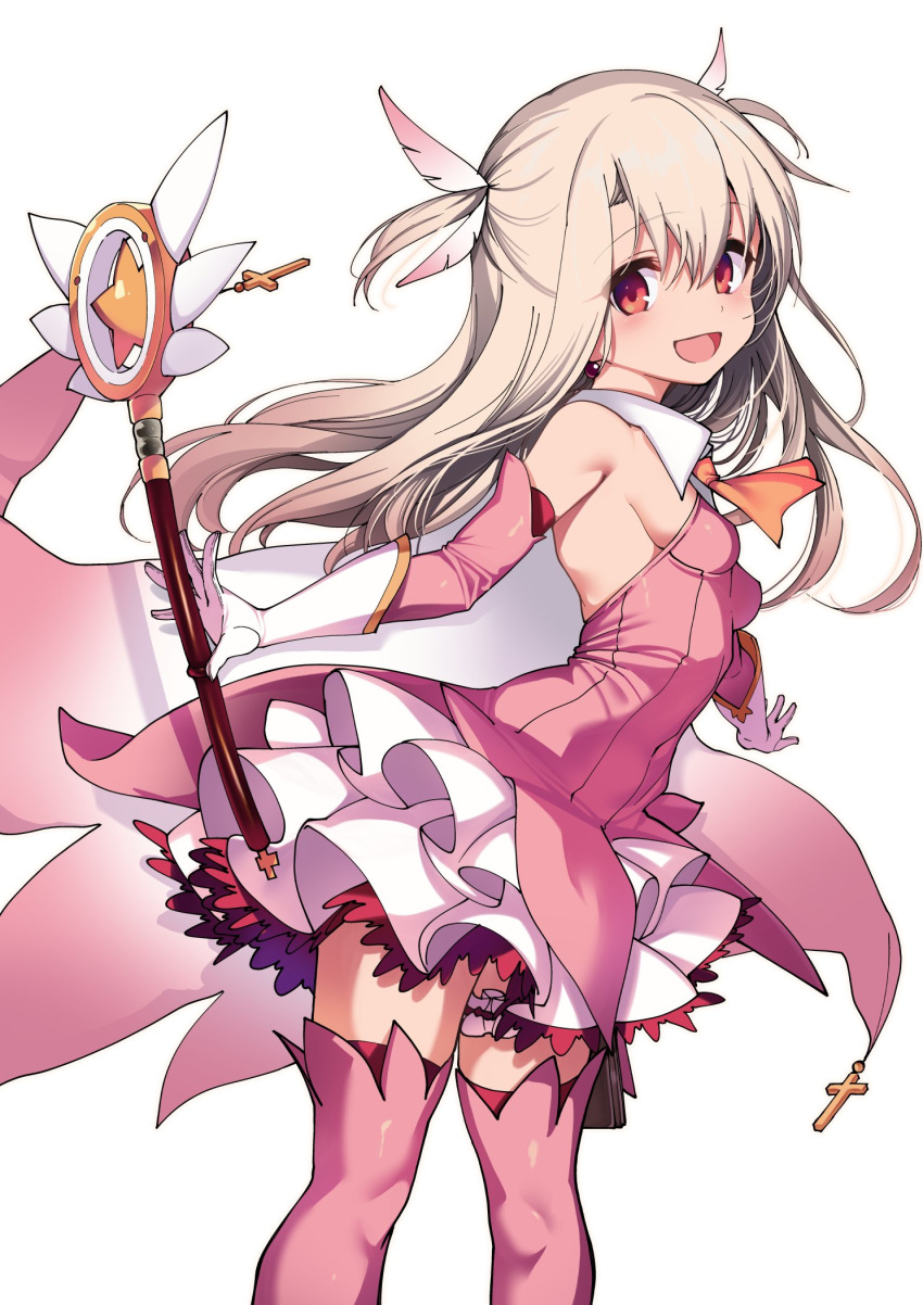 1girl 1other bare_shoulders boots breasts commentary_request dress elbow_gloves fate/kaleid_liner_prisma_illya fate_(series) feathers feet_out_of_frame gloves hair_feathers hair_ornament highres holding holding_wand illyasviel_von_einzbern kaleidostick magical_girl magical_ruby open_mouth pink_dress pink_feathers pink_gloves pink_legwear prisma_illya santa_(sunflower) simple_background small_breasts smile standing thigh_boots thighhighs twisted_torso two_side_up wand white_background white_gloves
