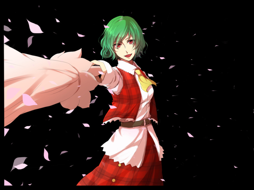 :d ascot bad_apple!! bad_id bad_pixiv_id belt closed_umbrella dress green_hair highres kazami_yuuka looking_at_viewer marei_(mercy) open_mouth petals red_eyes short_hair simple_background smile solo touhou umbrella vest