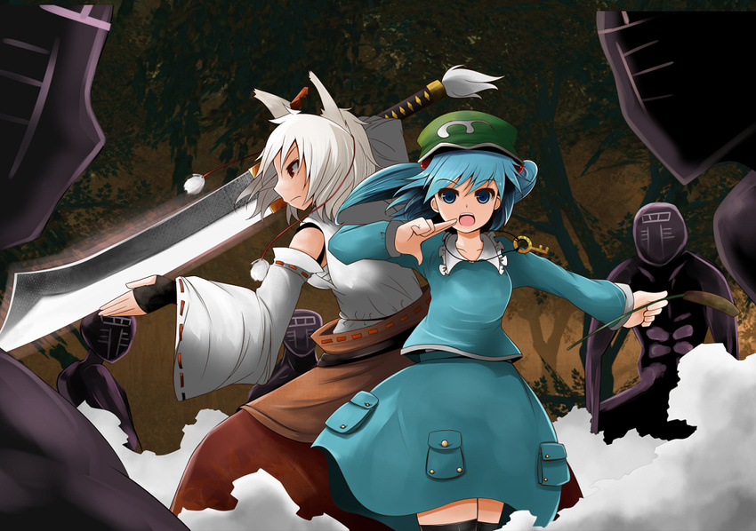 animal_ears arano_oki bare_shoulders black_legwear blue_eyes cattail detached_sleeves fighting_stance hair_bobbles hair_ornament hat inubashiri_momiji kawashiro_nitori key multiple_girls plant profile red_eyes sarashi short_hair silver_hair sin_sack sword thighhighs tokin_hat touhou two_side_up weapon wolf_ears