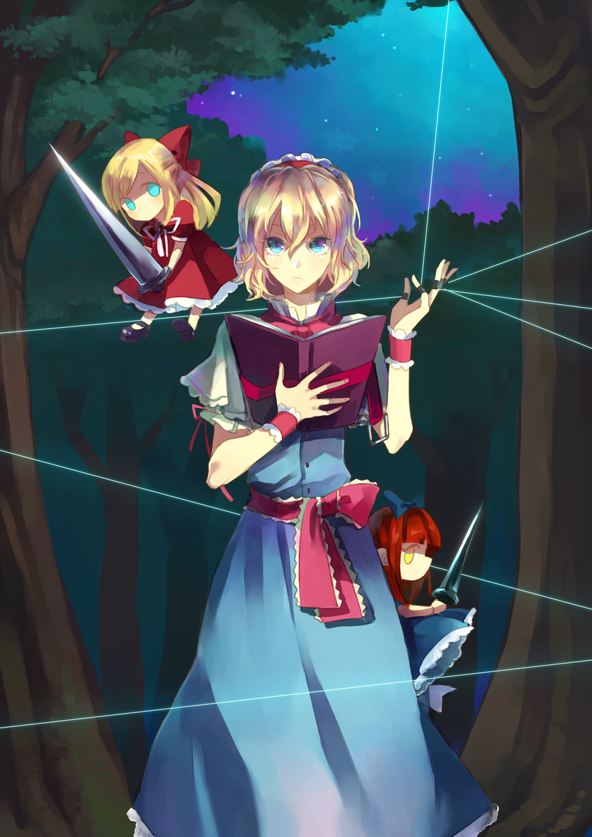 absurdres alice_margatroid aqua_eyes bad_id bad_pixiv_id blonde_hair blue_eyes book bow dress hair_bow hairband highres lance looking_at_viewer night night_sky nr_(cmnrr) open_book polearm shanghai_doll short_hair sky solo string touhou weapon wrist_cuffs