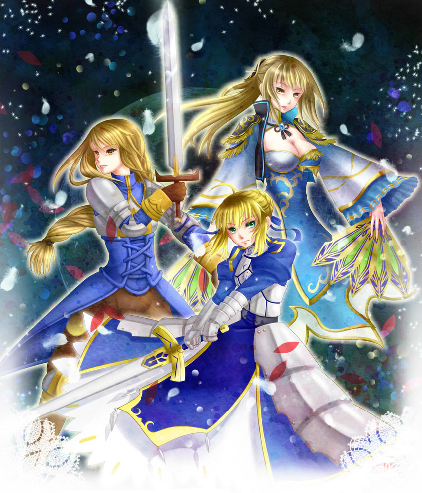 agrias_oaks ahoge armor armored_dress artoria_pendragon_(all) blonde_hair blue_eyes braid breasts brown_eyes cleavage_cutout color_connection crossover dress excalibur fan fate/stay_night fate_(series) faulds final_fantasy final_fantasy_tactics gauntlets hair_color_connection highres large_breasts long_hair look-alike multiple_crossover multiple_girls pauldrons ponytail saber shin_sangoku_musou single_braid sword trait_connection wang_yuanji weapon yellow_eyes yusoson