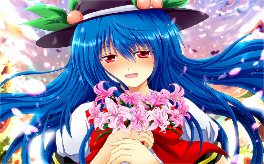 bad_id bad_pixiv_id blue_hair blush bouquet flower food fruit happy hat highres hinanawi_tenshi holding lily_(flower) long_hair nekominase peach red_eyes smile solo touhou wallpaper