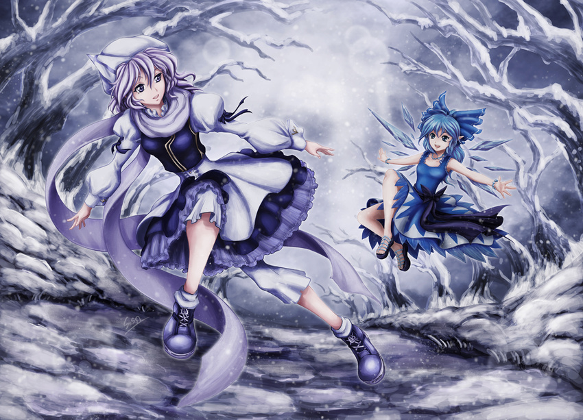 alternate_costume cirno dress hair_ribbon letty_whiterock multiple_girls pointy_ears ribbon sandals scarf scenery shoes short_hair skyspace sneakers snow touhou tree wings winter