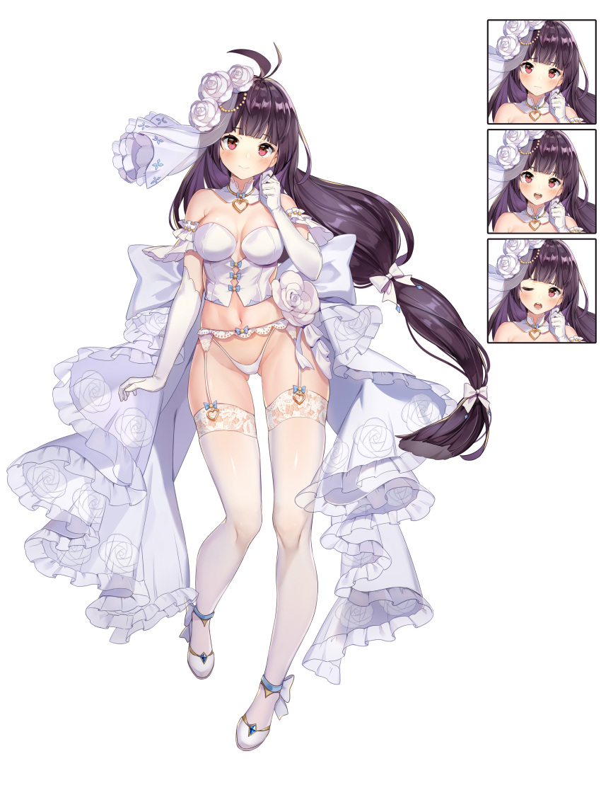 1girl absurdres ahoge ass_visible_through_thighs bangs bare_shoulders black_hair blunt_bangs bow bow_legwear breasts bridal_lingerie bride closed_mouth curled_fingers detached_collar detached_sleeves dress elbow_gloves eyebrows_visible_through_hair flower frilled_dress frills garter_belt garter_straps gloves hair_flower hair_ornament hand_up heart_ring high_heels highres lingerie long_hair lower_teeth maorzshu multicolored_hair navel one_eye_closed open_mouth original panties pantyhose purple_hair red_eyes rose simple_background smile solo split_mouth standing tachi-e teeth thighhighs thighs two-tone_hair underwear upper_teeth veil wavy_mouth wedding_dress white_background white_bow white_dress white_flower white_gloves white_legwear white_panties white_rose