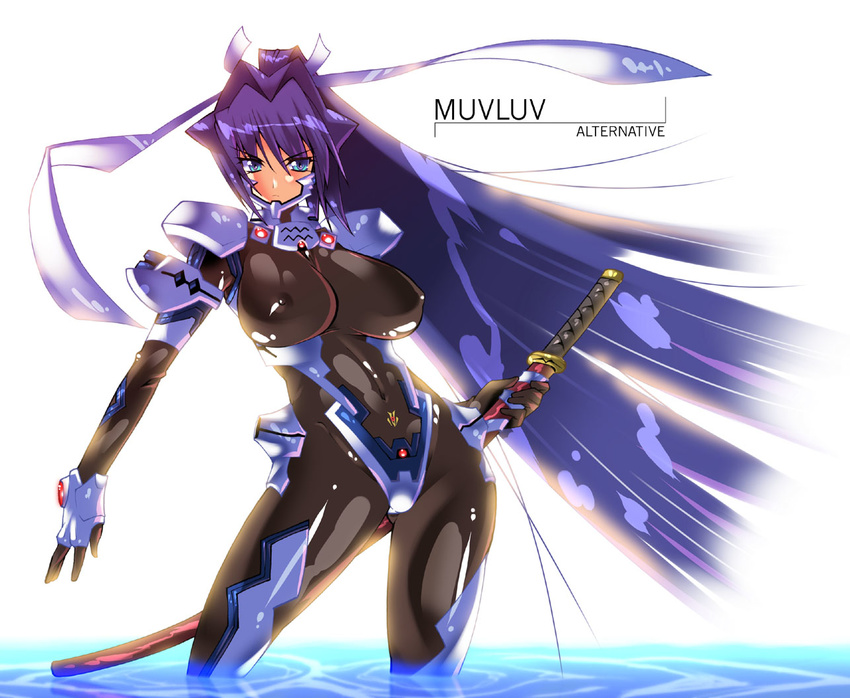 black_bodysuit blue_eyes blue_hair bodysuit breasts covered_nipples hair_ribbon large_breasts latex long_hair mitsurugi_meiya muvluv muvluv_alternative pilot_suit ribbon shinozuka_atsuto shiny shiny_clothes solo sword very_long_hair wading water weapon