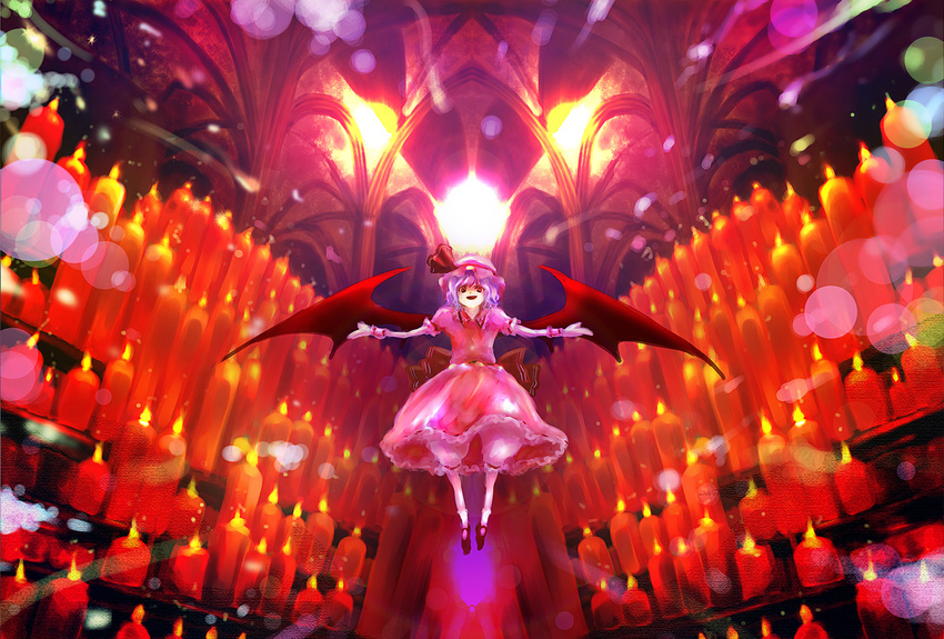 bat_wings candle fire flame flying indoors looking_at_viewer outstretched_arms puffy_short_sleeves puffy_sleeves red_eyes remilia_scarlet shippori short_hair short_sleeves silver_hair solo spikes touhou vampire wax wings