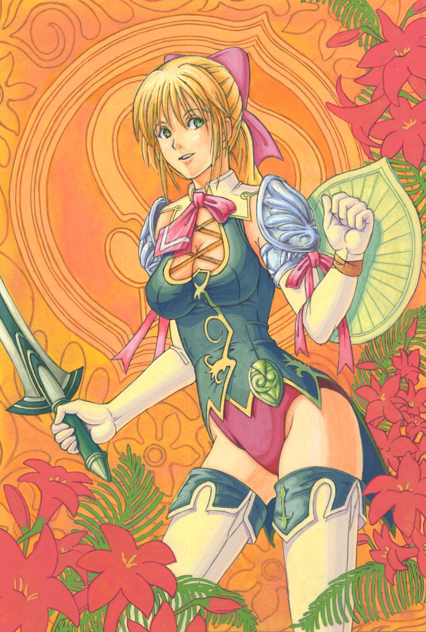 bad_id bad_pixiv_id blonde_hair bow breasts cassandra_alexandra cleavage elbow_gloves flower gloves green_eyes hair_bow highres large_breasts necktie pink_neckwear shield solo soulcalibur sword thighhighs weapon