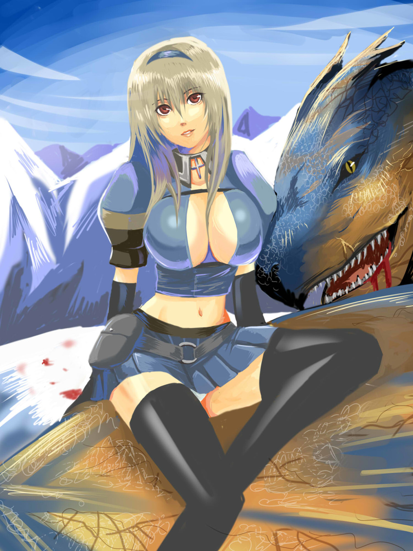 :d armor asuru_(armor) bad_id bad_pixiv_id bangs belt belt_pouch beltbra between_breasts black_legwear blood breasts cleavage cloud crop_top cross day elbow_gloves fantasy gloves grin hairband head_tilt highres large_breasts latin_cross lips long_hair looking_at_viewer looking_back midriff monster_hunter mountain nanami_kazusa nature navel no_bra open_clothes open_mouth open_shirt outdoors panties pantyshot pantyshot_(sitting) pleated_skirt pouch red_eyes scar shirt silver_hair sitting skirt sky slit_pupils smile snow solo strap teeth thighhighs tigrex turtleneck underwear white_panties wide_hips wings yellow_eyes