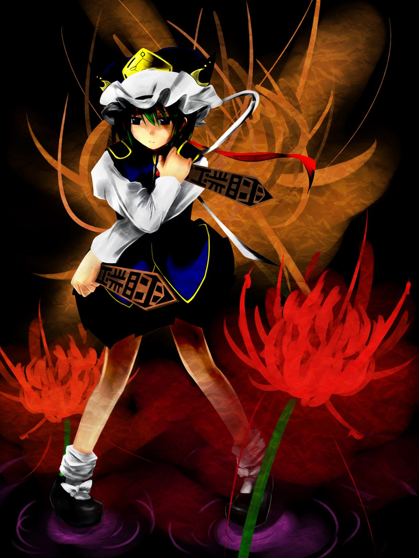 black_eyes crossed_arms dual_wielding flower green_hair hat highres holding loose_socks md5_mismatch neko51 ribbon rod_of_remorse shiki_eiki shoes short_hair skirt socks solo spider_lily touhou