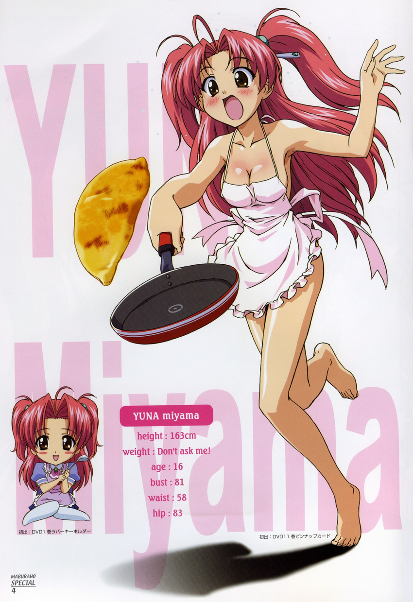 ahoge apron artist_request barefoot blush breasts brown_eyes character_name chibi cleavage feet hair_ornament highres large_breasts long_hair maburaho miyama_yuuna naked_apron open_mouth pink_apron pink_hair school_uniform twintails very_long_hair