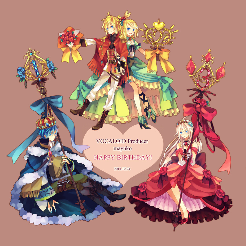 2girls akiyoshi_(tama-pete) blonde_hair blue_eyes blue_hair cape crown dated dress flower hair_flower hair_ornament happy_birthday highres ia_(vocaloid) kagamine_len kagamine_rin kaito long_hair multiple_boys multiple_girls pink_hair scepter short_hair smile vocaloid