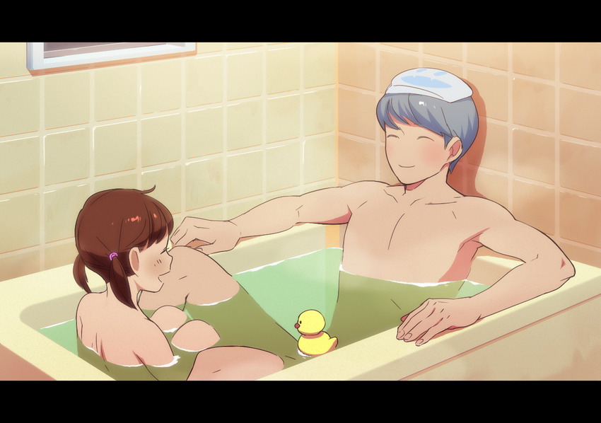 1girl ^_^ bath bathroom blush brown_hair closed_eyes cousins doujima_nanako grey_hair jack_frost letterboxed mixed_bathing narukami_yuu no_nose nude persona persona_4 rubber_duck short_twintails smile towel towel_on_head twintails water zazagi