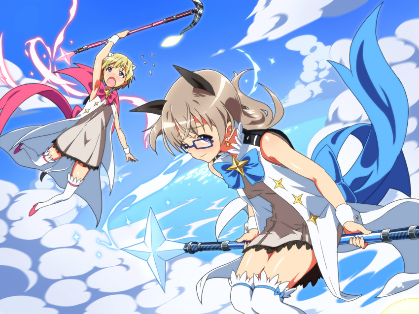 above_clouds animal_ears aoi_(houkago_no_pleiades) aoi_(houkago_no_pleiades)_(cosplay) bespectacled blonde_hair blue_eyes boko_(maniacpurple) bow brave_witches cape cloud cosplay day earrings eila_ilmatar_juutilainen flying flying_sweatdrops fox_ears glasses highres houkago_no_pleiades jewelry long_hair magical_girl multiple_girls nikka_edvardine_katajainen oohashi_ayuru open_mouth purple_eyes seiyuu_connection short_hair sky staff strike_witches subaru_(houkago_no_pleiades) subaru_(houkago_no_pleiades)_(cosplay) tail takamori_natsumi weasel_ears world_witches_series