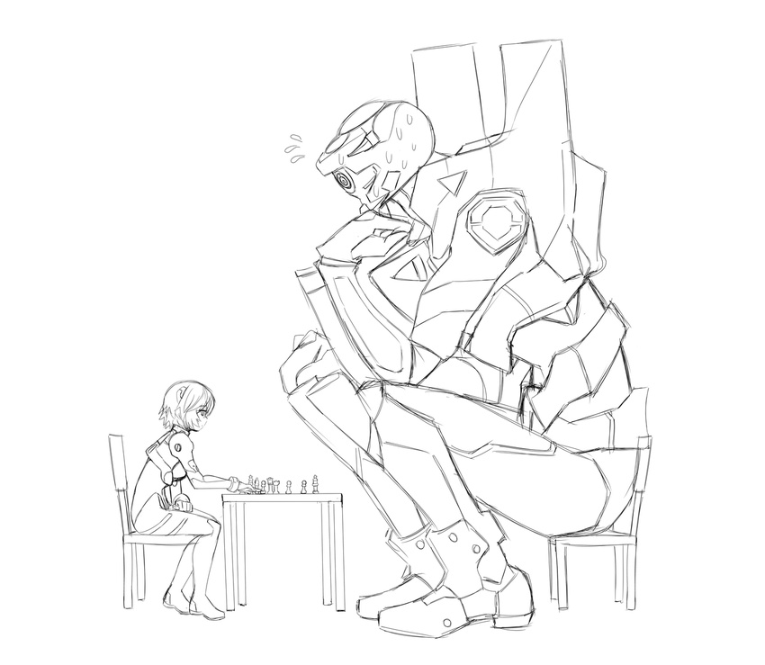 ayanami_rei board_game chair chess chin_rest eva_00 greyscale hair_ornament height_difference highres kekekeke lineart mecha monochrome neon_genesis_evangelion playing_games plugsuit sweatdrop