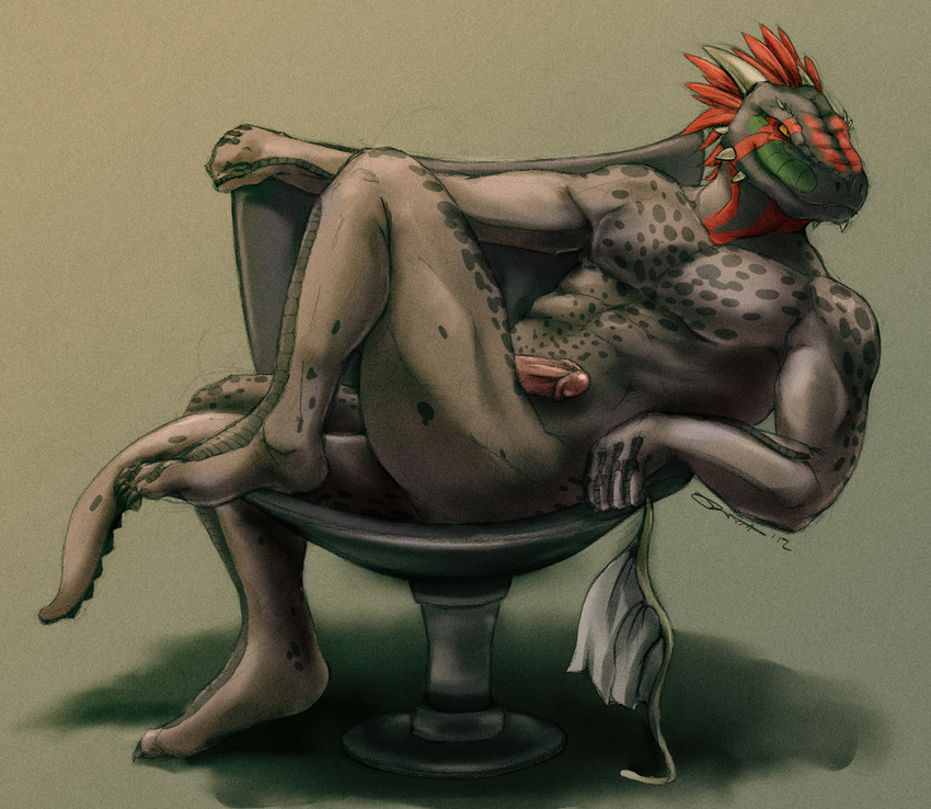 abs anthro argonian biceps big_penis body_markings chair claws erection fangs green_skin grey_skin grin hair horn humanoid_penis junkersquawker loincloth lying male markings muscles nude on_back pecs penis pinup pose reclining red_hair red_skin reptile scalie sitting skyrim smile solo spots tagg taggcrossroad the_elder_scrolls the_elder_scrolls_v:_skyrim toe_claws toned underwear undressing video_games yellow_eyes