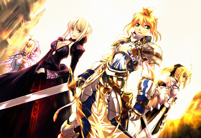 ahoge armor armored_dress artoria_pendragon_(all) bare_shoulders blonde_hair bodysuit bow breasts cleavage dark_excalibur dark_persona detached_sleeves dress fate/extra fate/extra_ccc fate/stay_night fate/unlimited_codes fate_(series) gauntlets gothic_lolita green_eyes hair_bow hair_ribbon highres jian_huang large_breasts light_persona lolita_fashion long_hair multiple_girls multiple_persona nero_claudius_(bride)_(fate) nero_claudius_(fate)_(all) ponytail ribbon saber saber_alter saber_lily veil