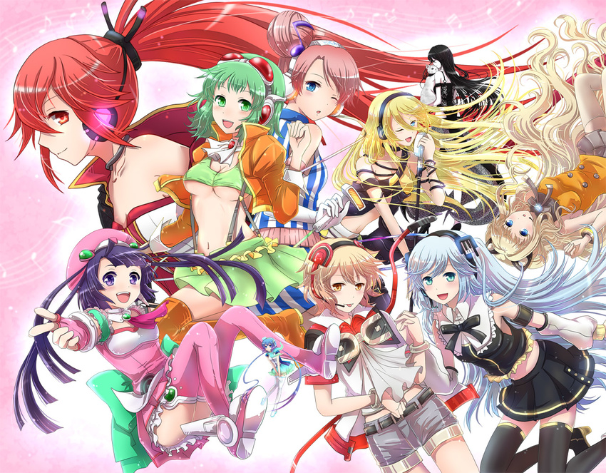 6+girls akikoloid-chan aoki_lapis bad_id bad_pixiv_id blonde_hair blue_eyes blue_hair boots breasts cat cul goggles goggles_on_head green_eyes green_hair gumi headphones hibiki_lui jacket lily_(vocaloid) long_hair looking_at_viewer medium_breasts megpoid_(vocaloid3) mew_(vocaloid) midriff multiple_girls navel one_eye_closed open_mouth orange_eyes purple_eyes purple_hair red_eyes red_hair ring_suzune savami seeu short_hair shorts skirt small_breasts smile thigh_boots thighhighs tone_rion tourmaline twintails underboob very_long_hair vocaloid zashiki_usagi