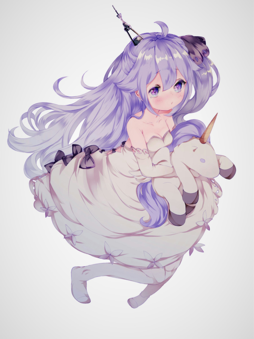 :t azur_lane bare_shoulders breasts cleavage commentary_request dress elbow_gloves full_body gloves hair_ribbon highres holding holding_stuffed_animal long_hair pout purple_eyes purple_hair ribbon simple_background solo stuffed_animal stuffed_toy stuffed_unicorn tears unicorn_(azur_lane) very_long_hair white_background white_dress white_legwear yaekn