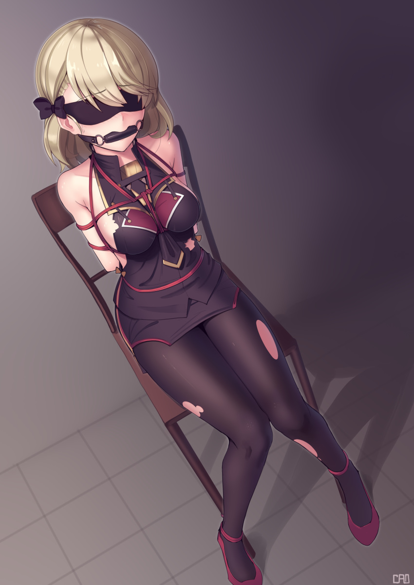 1girl absurdres alternate_costume arms_behind_back azur_lane bdsm between_breasts bit_gag blindfold blonde_hair blush bondage bound bound_arms breasts chair commentary commission dutch_angle eyebrows_visible_through_hair gag gagged highres kaddo knees_together_feet_apart medium_breasts medium_hair miniskirt necktie necktie_between_breasts pantyhose red_footwear red_rope restrained rope shadow shibari shibari_over_clothes sideboob sitting skirt solo sweatdrop tearing_up torn_clothes torn_legwear z23_(azur_lane)