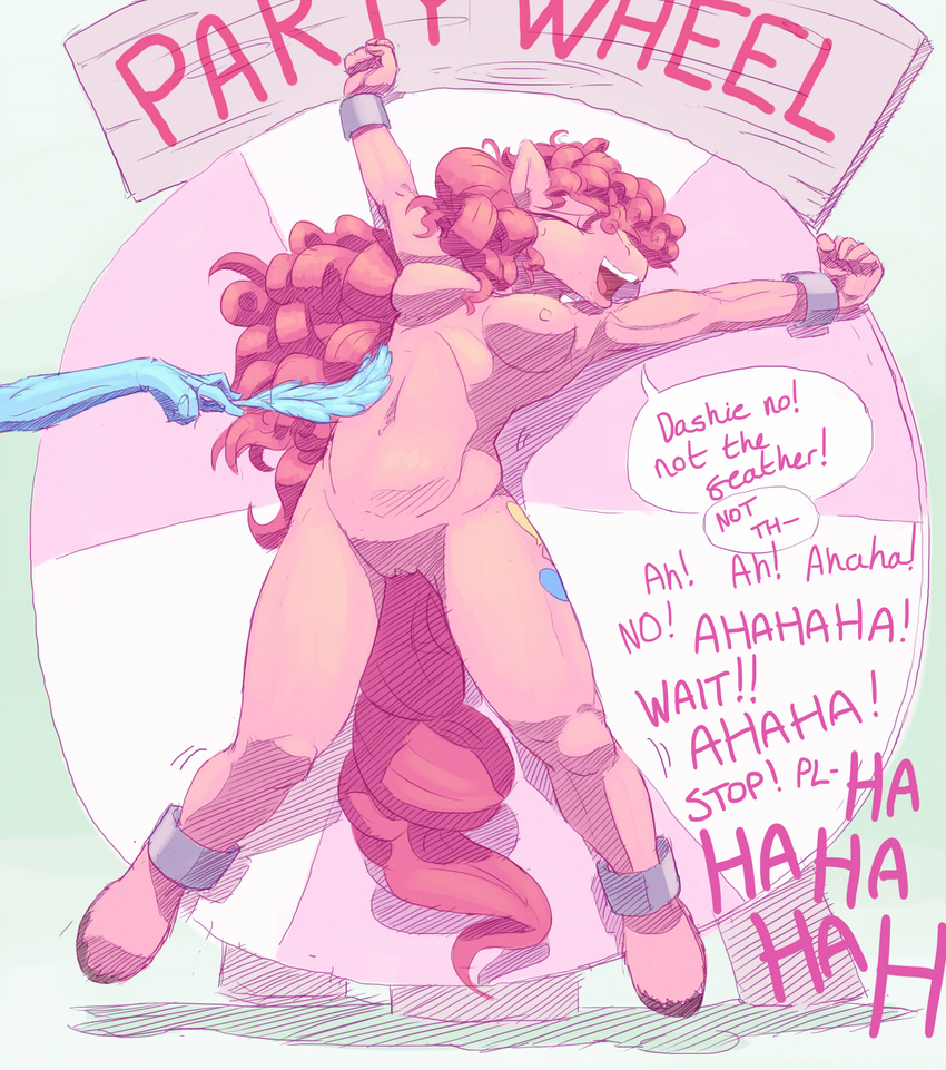 2012 anthro anthrofied blue_fur cutie_mark dialog duo english_text equine feather female friendship_is_magic fur hair hand horse jakneurotic mammal my_little_pony nipples pink_fur pink_hair pinkie_pie pinkie_pie_(mlp) plain_background pony pussy shackles smile text