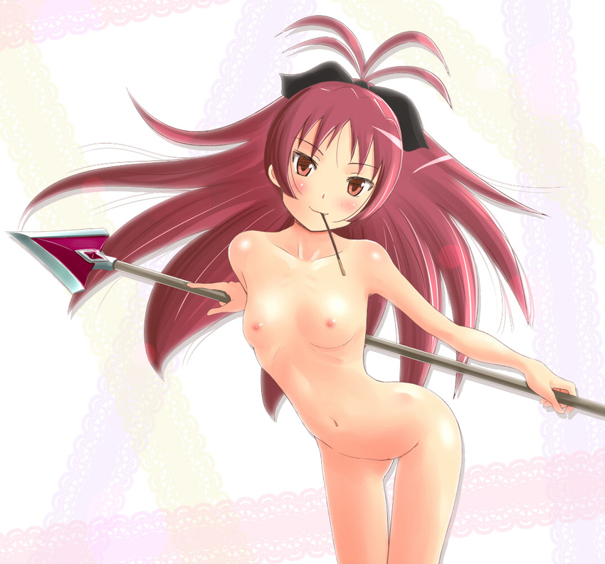 1girl blush bow breasts female hair_bow kyouko_sakura leaning_forward long_hair mahou_shoujo_madoka_magica mouth_hold navel nipples nude pocky polearm red_eyes red_hair sakura_kyouko shuuji_(shumi) small_breasts smile solo spear thighs uncensored weapon