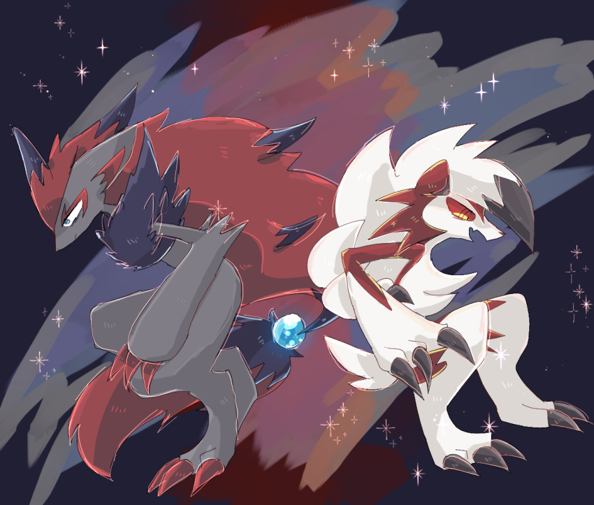 ambiguous_gender black_claws blue_eyes canid canine claws duo ears_down fur hair inner_ear_fluff lycanroc mammal markings midnight_lycanroc multicolored_body multicolored_fur nintendo open_mouth pivoted_ears pok&eacute;mon pok&eacute;mon_(species) red_body red_claws red_eyes red_fur red_hair red_inner_ear red_markings semi-anthro shoulder_tuft toe_claws tuft video_games were werecanid werecanine white_body white_fur white_hair zoroark