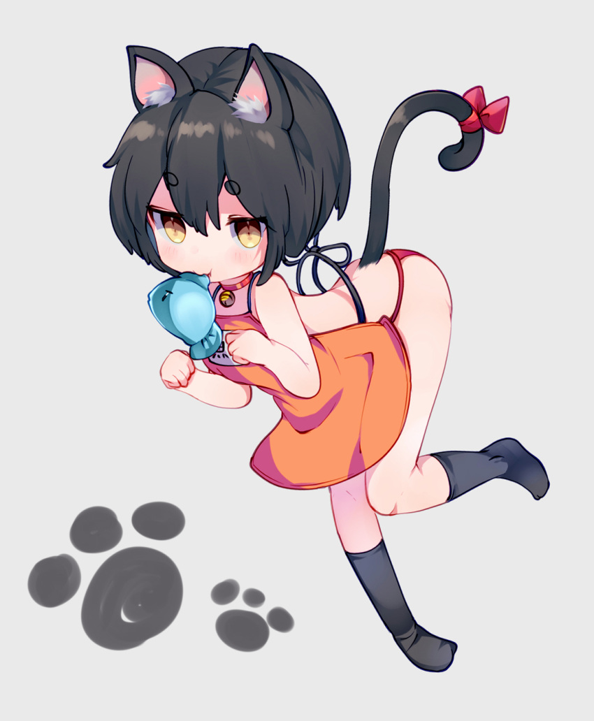 animal_ears apron bell bell_collar black_hair cat_ears cat_tail collar commentary_request eyebrows_visible_through_hair highres naked_apron original paw_pose paw_print ribbon short_hair slit_pupils socks solo tail tail_ribbon yaekn yellow_eyes