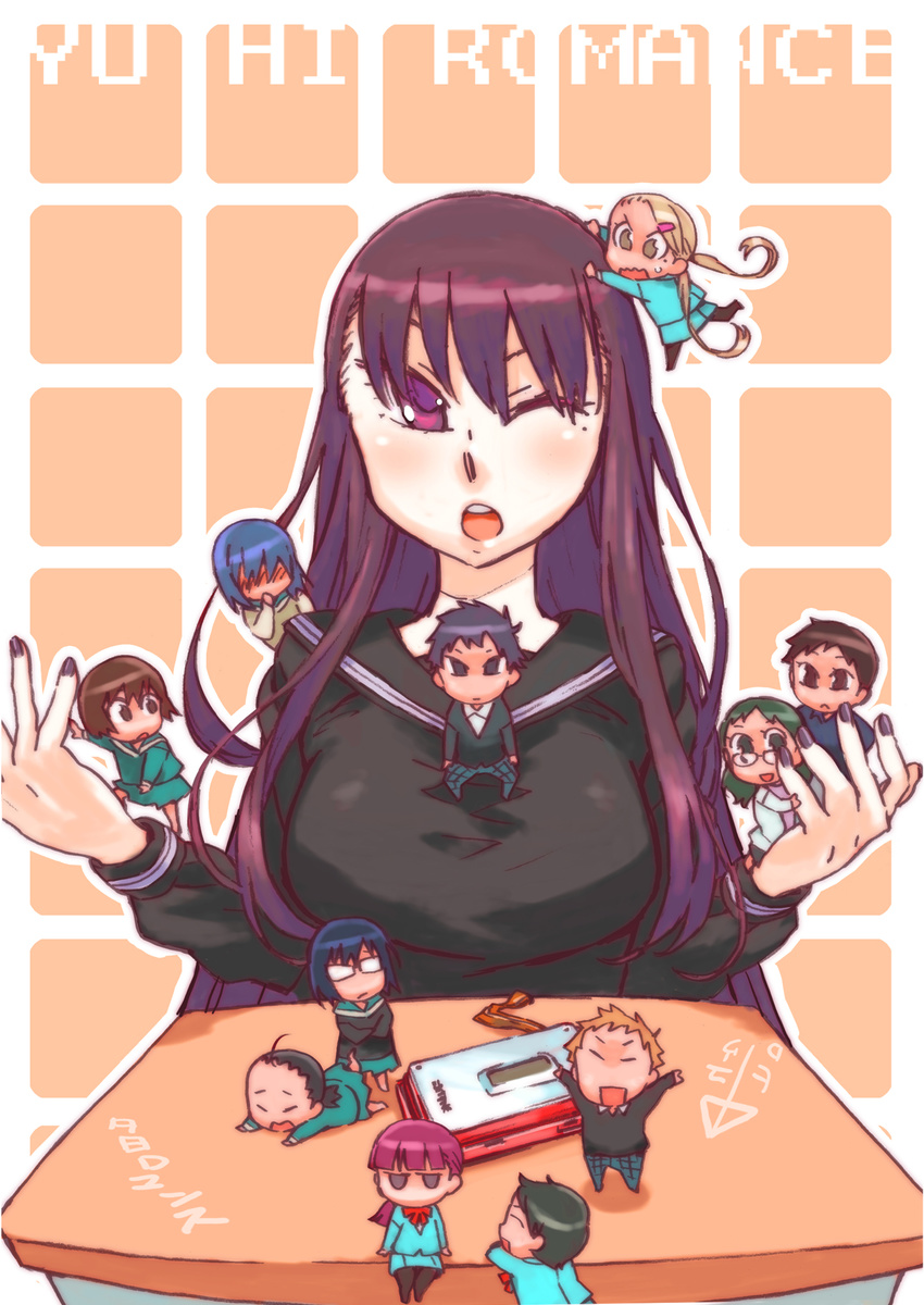 6+girls asahina_tomoshibi bad_id bad_pixiv_id brown_hair cellphone chibi copyright_name enishi_yukari higashi_kanako highres katou_haruaki kirishima_hanayaka kisaki_nana kitada_taki kurenai_hiiro kurenai_yuugure makoto_hitomi miyama_miyabi mole mole_under_eye multiple_boys multiple_girls phone red_eyes school_uniform table tsutsu_tsutome watashiba_meguru yuuhi_romance