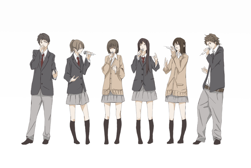 4girls brown_hair cardigan copyright_request everyone glasses kajiki microphone multiple_boys multiple_girls necktie pants school_uniform skirt