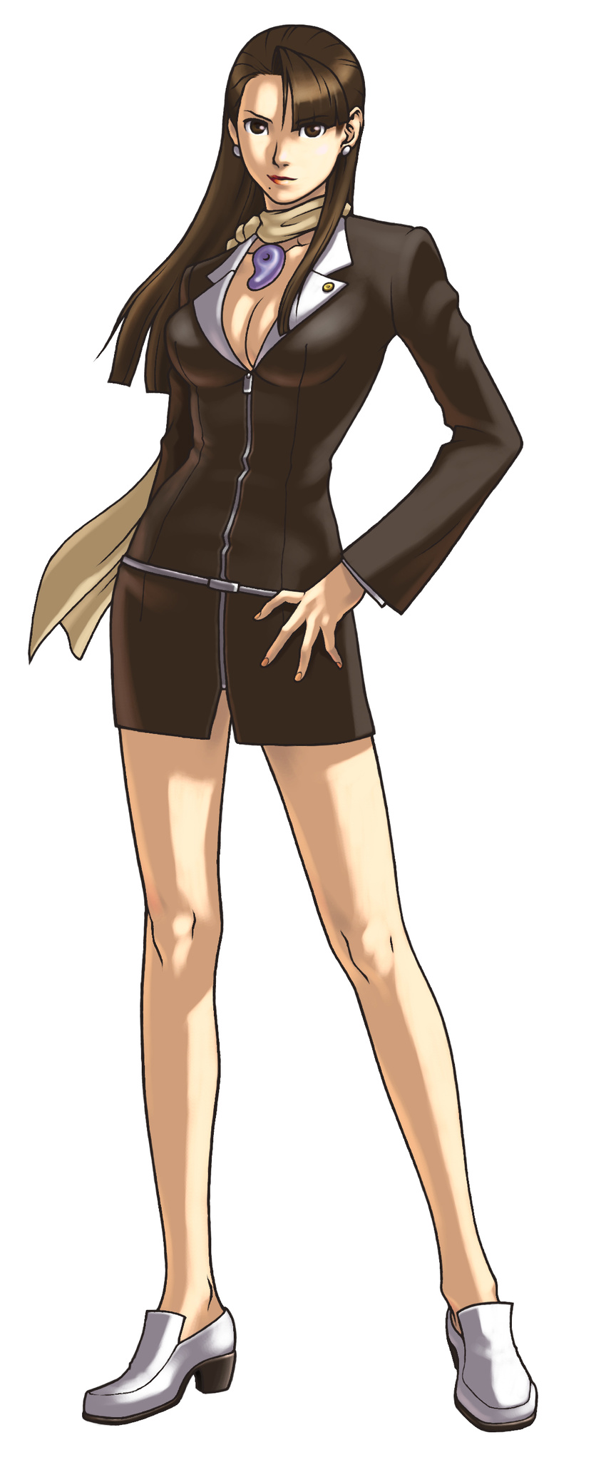 &gt;:) absurdres ayasato_chihiro bangs bare_legs belt black_dress blazer blunt_bangs breasts brown_eyes brown_hair buttons cleavage dress earrings edaki_shin'ya full_body gyakuten_saiban hand_on_hip high_heels highres jacket jewelry legs legs_apart light_smile lipstick long_hair long_sleeves looking_at_viewer loose_belt magatama makeup medium_breasts mole mole_under_mouth no_socks official_art red_lipstick scarf shoes short_dress simple_background smile solo standing v-shaped_eyebrows white_background zipper