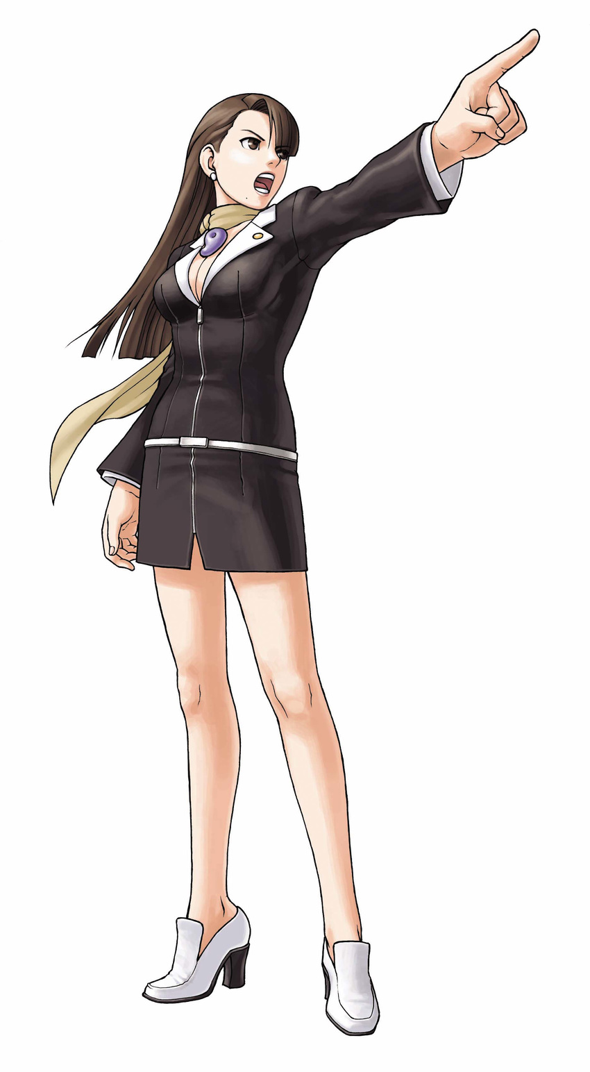 :o absurdres angry ayasato_chihiro bangs bare_legs belt black_dress blazer blunt_bangs breasts brown_eyes brown_hair buttons cleavage dress earrings edaki_shin'ya full_body gyakuten_saiban high_heels highres jacket jewelry legs long_hair long_sleeves looking_to_the_side loose_belt magatama medium_breasts mole mole_under_mouth no_socks objection official_art open_mouth outstretched_arm pointing scarf shoes short_dress shouting simple_background solo standing v-shaped_eyebrows white_background zipper