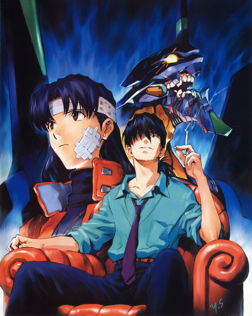 1girl absurdres armchair bandages beard blood blue_hair brown_eyes chair cigarette eva_01 facial_hair hair_over_one_eye highres kaji_ryouji katsuragi_misato necktie neon_genesis_evangelion open_collar purple_hair red_eyes sadamoto_yoshiyuki signature