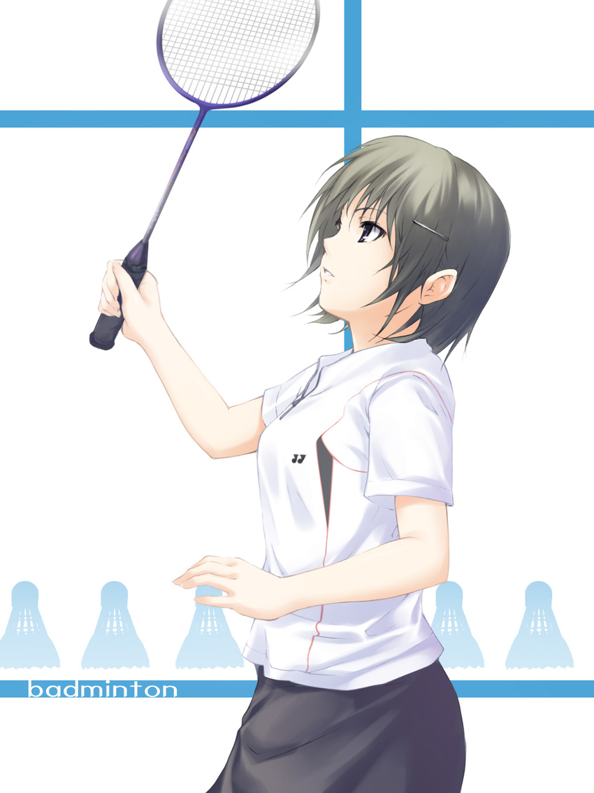 badminton badminton_racket bangs blue_eyes coffee-kizoku eyebrows_visible_through_hair hair_ornament hairclip highres original parted_lips racket short_hair shuttlecock silver_hair solo