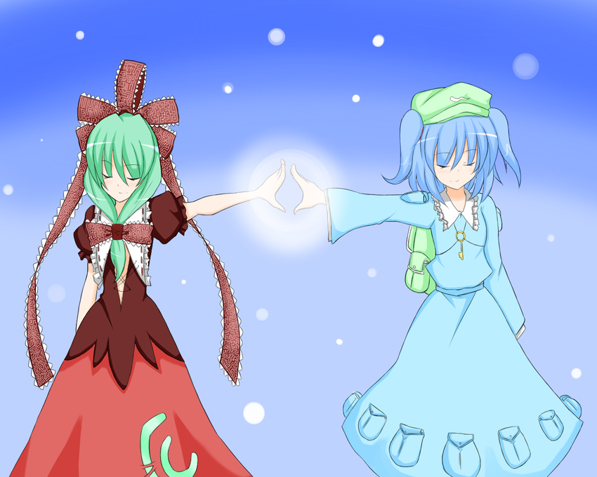 bad_id bad_pixiv_id blue_hair front_ponytail green_hair hat kagiyama_hina kawashiro_nitori kurifuto long_hair multiple_girls ribbon touhou two_side_up