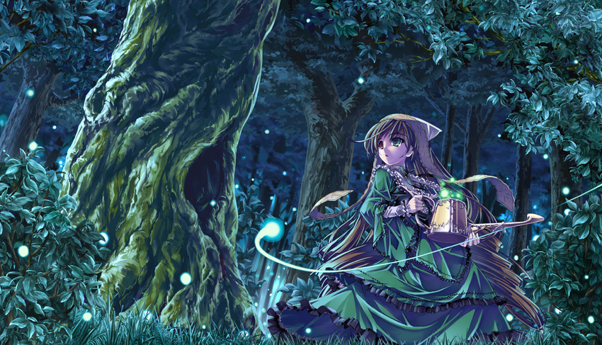 brown_hair fireflies forest heterochromia long_hair md5_mismatch nature rozen_maiden sasa_ichi scenery solo suiseiseki watering_can