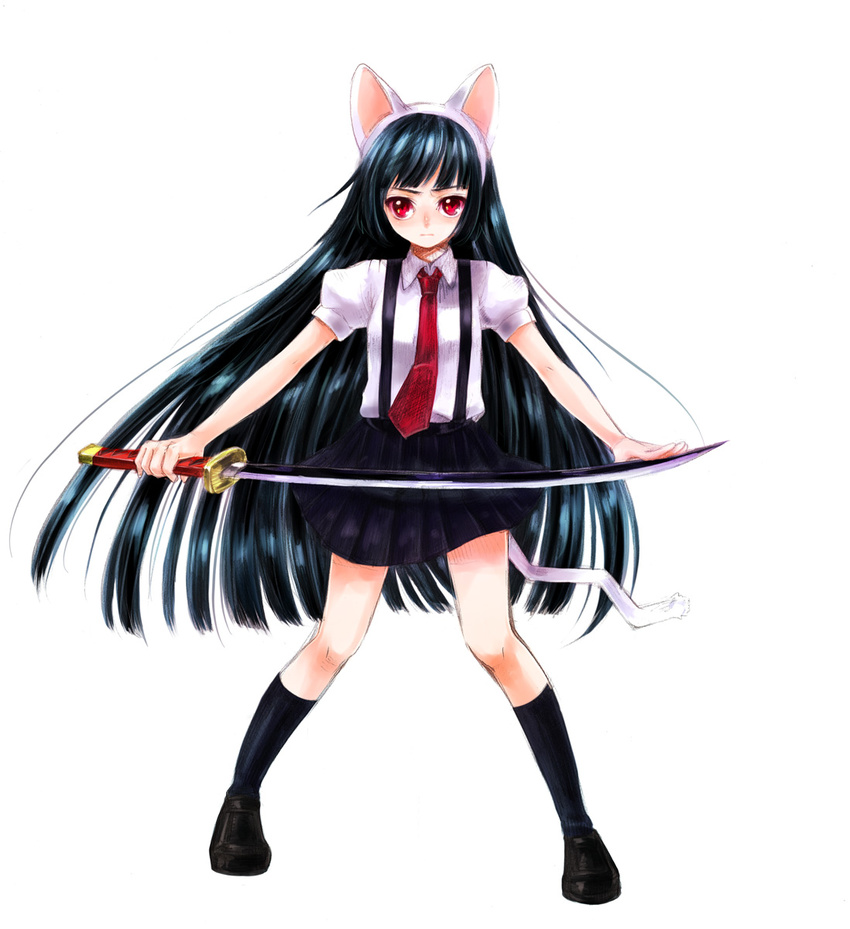 animal_ears black_hair cat_ears copyright_request highres red_eyes school_uniform solo sword tail usaki_(ama) weapon