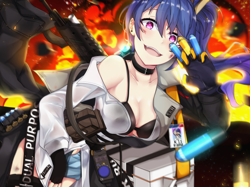 absurdres bag bangs bikini black_bikini blue_hair blurry_foreground blush breasts choker cleavage clothes_writing collarbone commentary cooler earrings explosion explosive fire girls_frontline grenade gun hair_between_eyes highres holding_grenade huge_filesize jewelry k11_(girls_frontline) kinoshita_akira leather_choker light_particles long_hair messy_hair motion_blur multimeter multiple_earrings multiple_straps name_tag off_shoulder open_clothes open_mouth purple_eyes shirt shorts side_ponytail sidelocks signature smile snap-fit_buckle solo stud_earrings swimsuit unbuttoned_pants weapon white_shirt