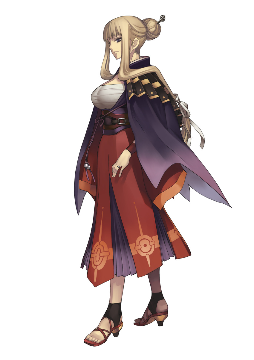 ar_tonelico ar_tonelico_ii armor bangs beads belt black_eyes blonde_hair breasts cape closed_mouth eyelashes full_body hair_bun hair_ornament hair_stick high_heels highres jewelry large_breasts light_brown_hair long_hair looking_at_viewer low-tied_long_hair nagi_ryou official_art pleated_skirt profile reisha_truelywaath ring sandals sarashi sash shoes shoulder_armor sidelocks simple_background skirt smile solo standing straight_hair string white_background wristband