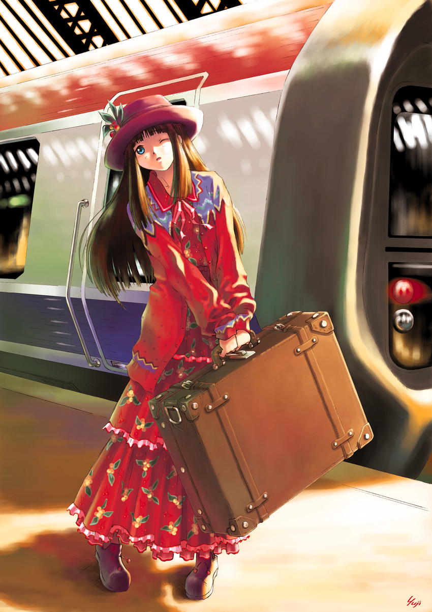 highres kobayashi_yuji long_hair nagko suitcase train train_station