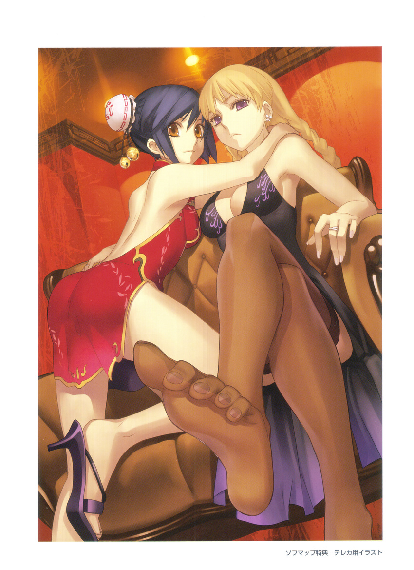 absurdres ar_tonelico ar_tonelico_ii armpits backless_dress backless_outfit bare_shoulders bell blonde_hair blue_hair braid breasts bun_cover china_dress chinese_clothes chroche_latel_pastalie cleavage double_bun dress dutch_angle earrings feet frown high_heels highres jewelry legs long_hair luca_truelywaath medium_breasts multiple_girls nagi_ryou official_art purple_eyes ring sandals scan shoes short_hair smile thighhighs toes twin_braids yellow_eyes