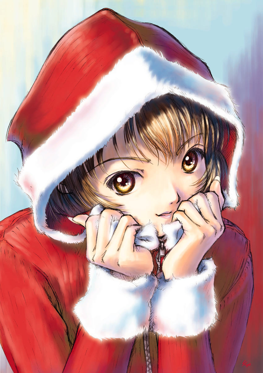 1girl :d bangs brown_hair bust christmas coat fingernails fur_trim hands highres hood kobayashi_yuji long_fingernails looking_at_viewer nagko open_mouth original rough santa_costume santa_suit signature smile solo upper_body yellow_eyes zipper