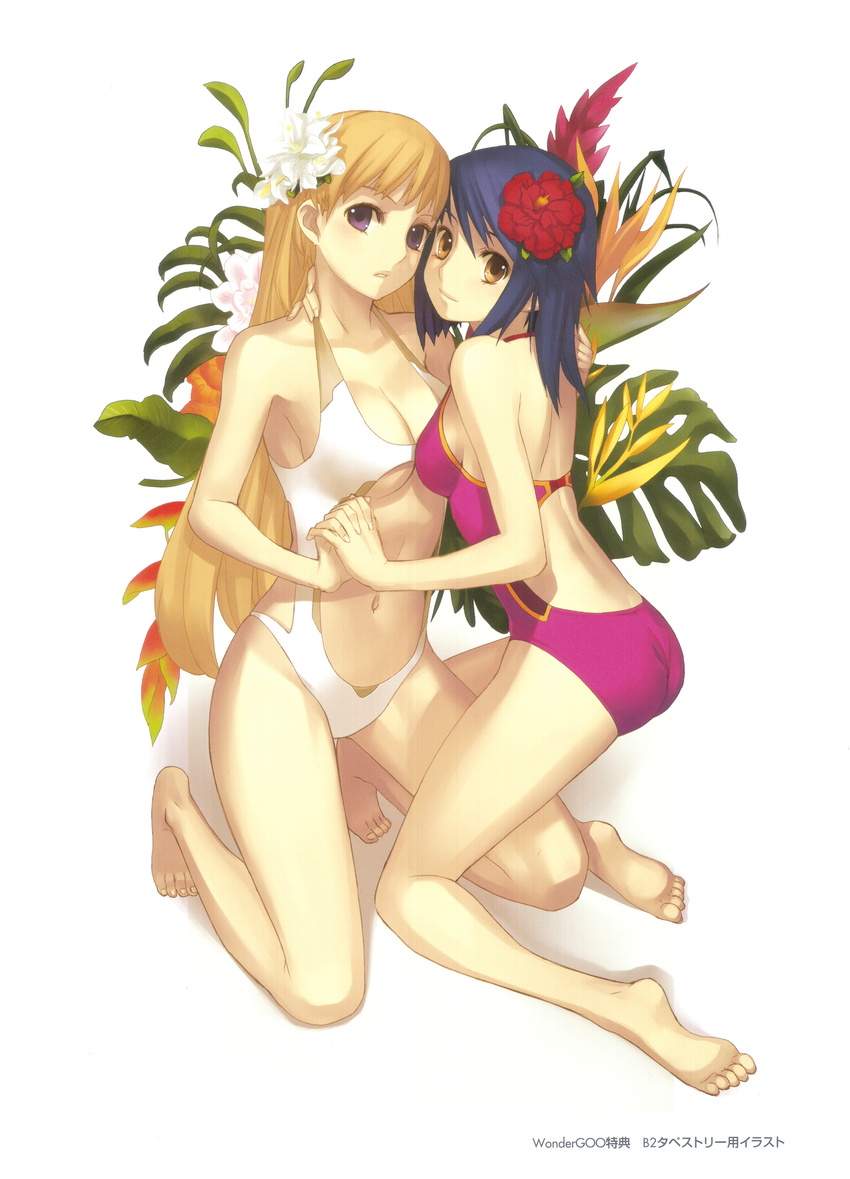 absurdres ar_tonelico ar_tonelico_ii ass asymmetrical_docking bird_of_paradise blonde_hair blue_hair breast_press breasts casual_one-piece_swimsuit chroche_latel_pastalie cleavage feet flower full_body hair_flower hair_ornament halterneck hibiscus highres holding_hands hug interlocked_fingers kneeling large_breasts leg_between_thighs legs long_hair looking_back luca_truelywaath moire multiple_girls nagi_ryou navel official_art one-piece_swimsuit pink_swimsuit purple_eyes simple_background smile swimsuit white_background yellow_eyes