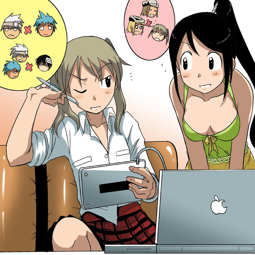 2girls black_star computer death_the_kid elizabeth_thompson highres kakkii laptop macbook maka_albarn maka_arubaan multiple_girls nakatsukasa_tsubaki patricia_thompson plaid plaid_skirt ponytail product_placement skirt soul_eater soul_eater_(character) tablet tsubaki twintails