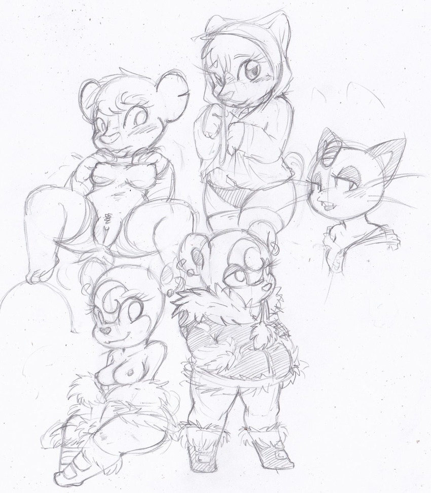 bear black_and_white breasts cat clothed clothing cubchoo feline female half-dressed looking_at_viewer mammal meowth monochrome nintendo nude plain_background pok&#233;mon pokemon pussy sketch teddiursa topless video_games white_background zinnthos