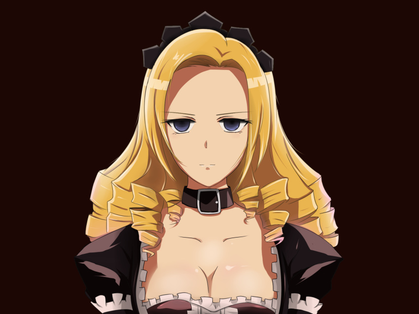1girl blonde_hair blue_eyes breasts brown_background cleavage collar collarbone drill_hair expressionless highres kyer0704 large_breasts long_hair looking_at_viewer maid_headdress overlord_(maruyama) shiny shiny_hair shiny_skin simple_background solo solution_epsilon upper_body victorian_maid