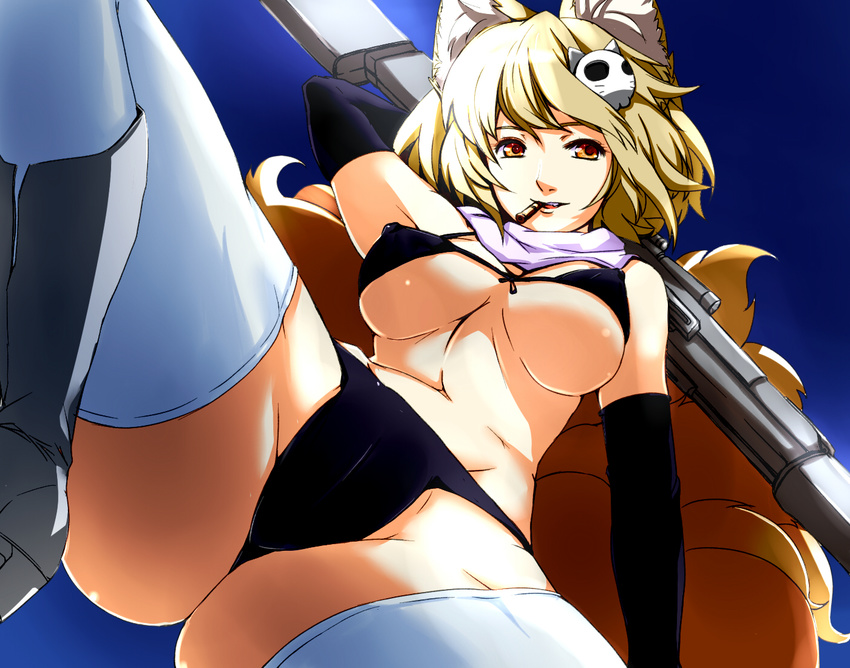 animal_ears bare_shoulders bikini black_gloves blonde_hair blue_background blue_sky boots breasts breasts_apart cameltoe cartridge cosplay covered_nipples dearmybrothers dutch_angle elbow_gloves fox_ears fox_tail from_below gloves hair_ornament large_breasts legs midriff multiple_tails navel outdoors scarf shiny shiny_skin short_hair short_shorts shorts skull_hair_ornament sky solo spread_legs swimsuit tail tengen_toppa_gurren_lagann thick_thighs thighhighs thighs touhou underboob white_legwear yakumo_ran yellow_eyes yoko_littner yoko_littner_(cosplay)
