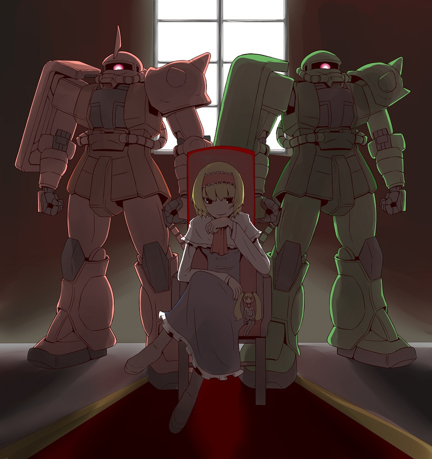 alice_margatroid blonde_hair chair character_doll detached_sleeves frills gundam hairband hatsune_miku highres long_hair mobile_suit_gundam necktie sitting spikes touhou twintails very_long_hair vocaloid window zaku zaku_ii zaku_ii_f/j zaku_ii_s_char_custom zannen_na_hito